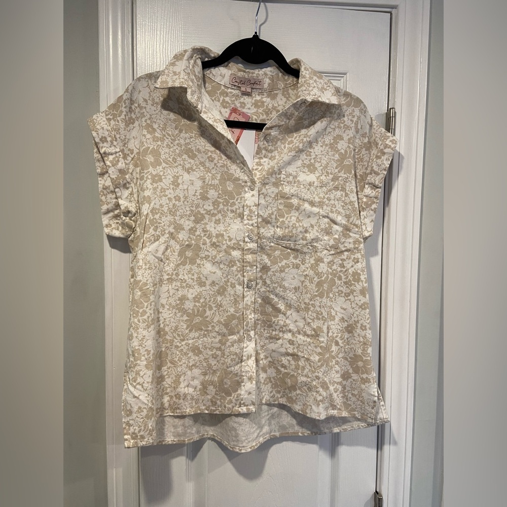 NWT Coastal Comfort Size S Tan Tropical Linen Short Sleeve Button Down Shirt